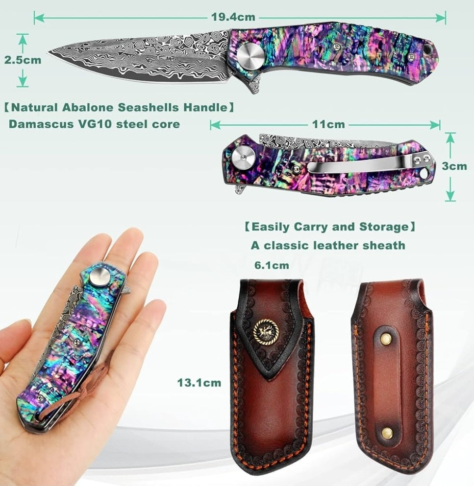 Purple Abalone Shell Handle Damascus Pocket Knife