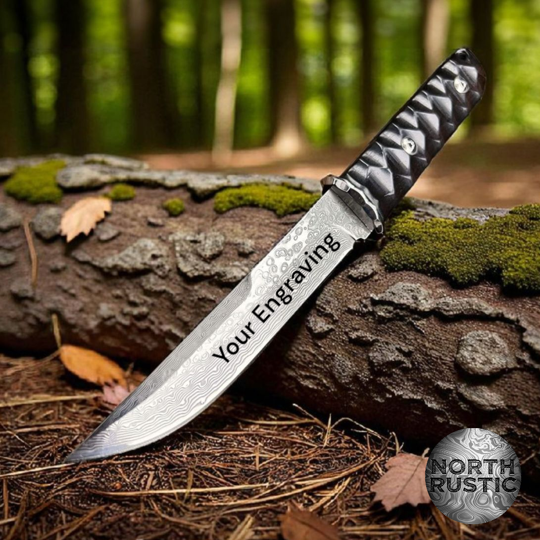 Engraved VG10 Damascus Hunting Knife, Ebony Wood Handle, Personalized Fixed Blade Knife, Personal Engraving Gift Custom Father Dad VE04