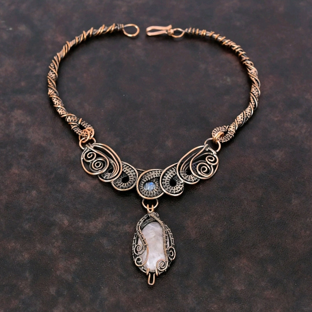 Copper Wire Wrapped Necklace with Rose Quartz Pendant