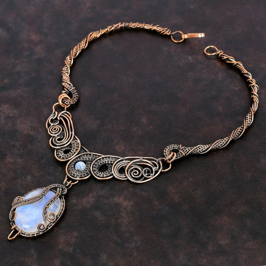 Rainbow Moonstone Copper Wire Wrapped Necklace