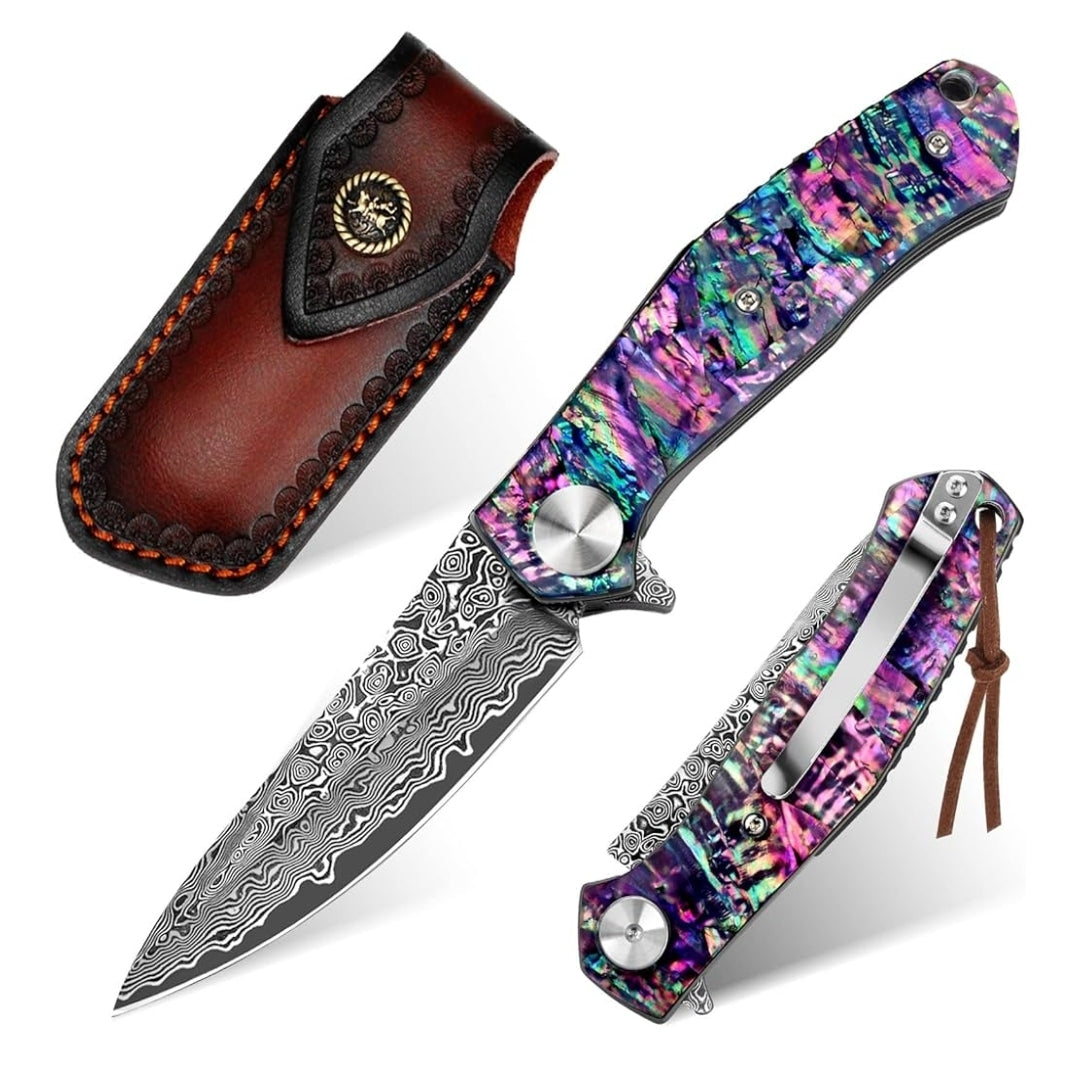 Purple Abalone Shell Handle Damascus Pocket Knife