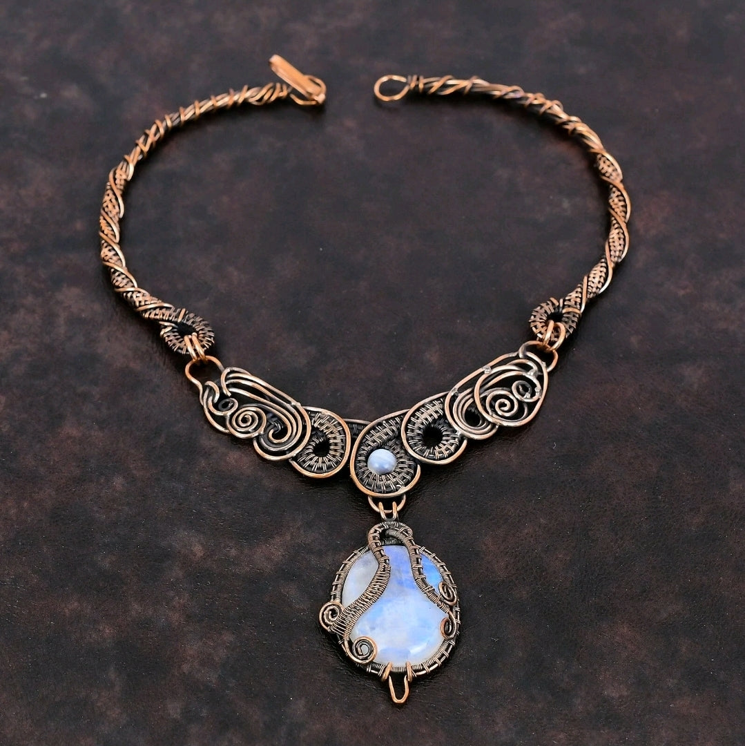 Rainbow Moonstone Copper Wire Wrapped Necklace