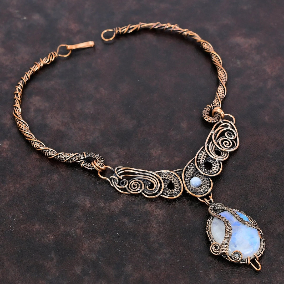 Rainbow Moonstone Copper Wire Wrapped Necklace