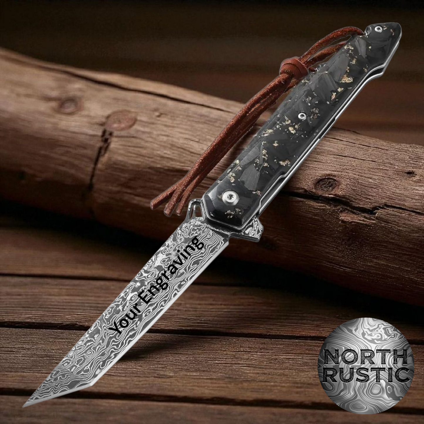 Gold Flake Engraved VG10 Damascus Pocket Knife