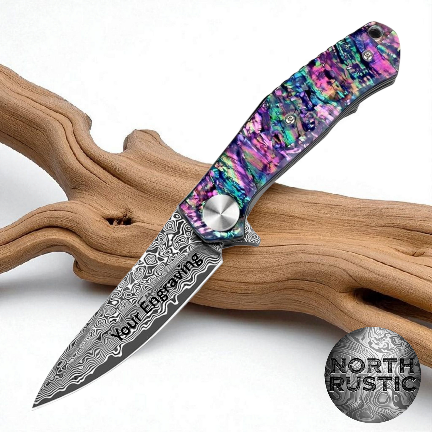 Purple Abalone Shell Handle Damascus Pocket Knife