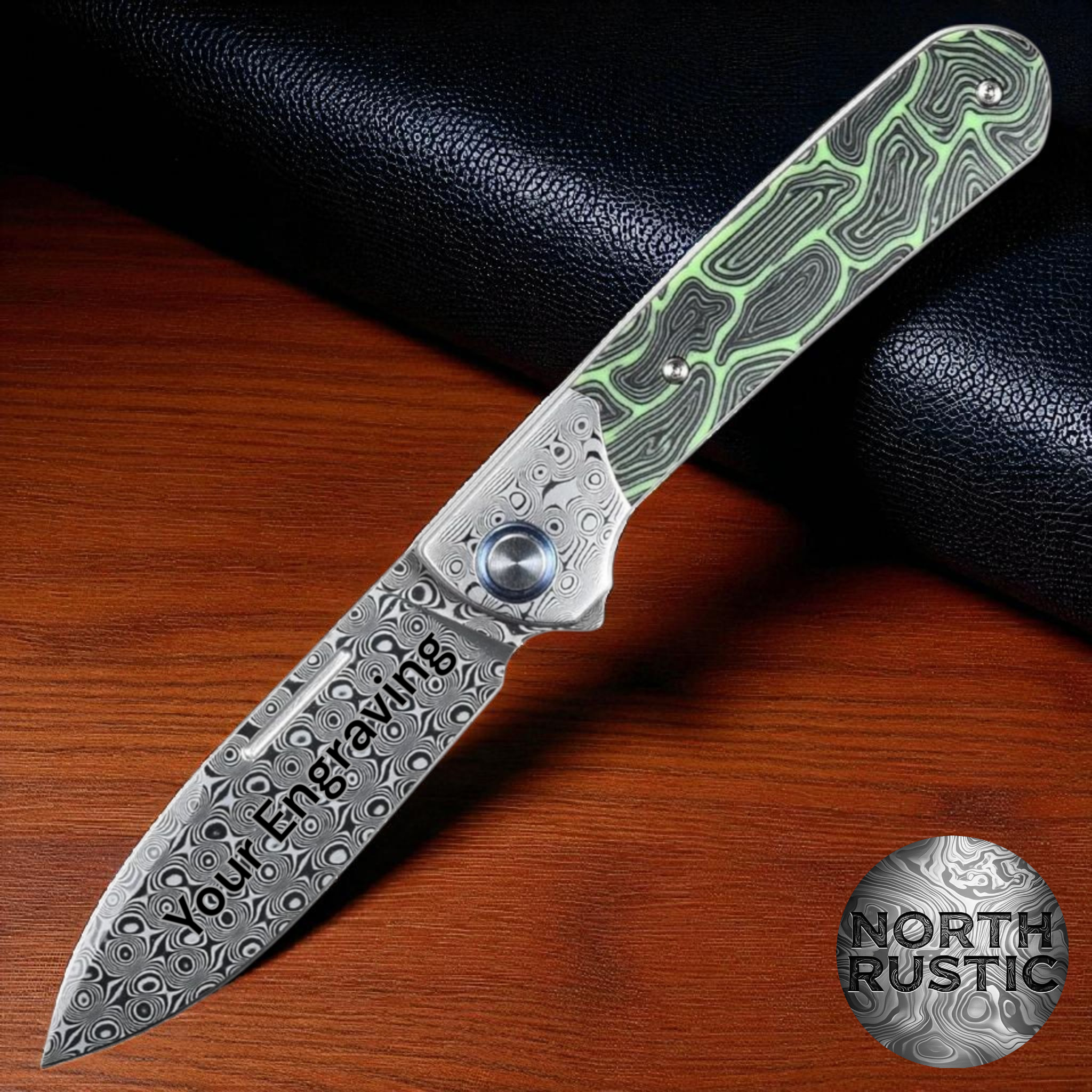 Engraved VG10 Damascus Pocket Knife Personalized Folding Green G10 Engraved VG10 Damascus Pocket Knife Personalized Folding Green G10