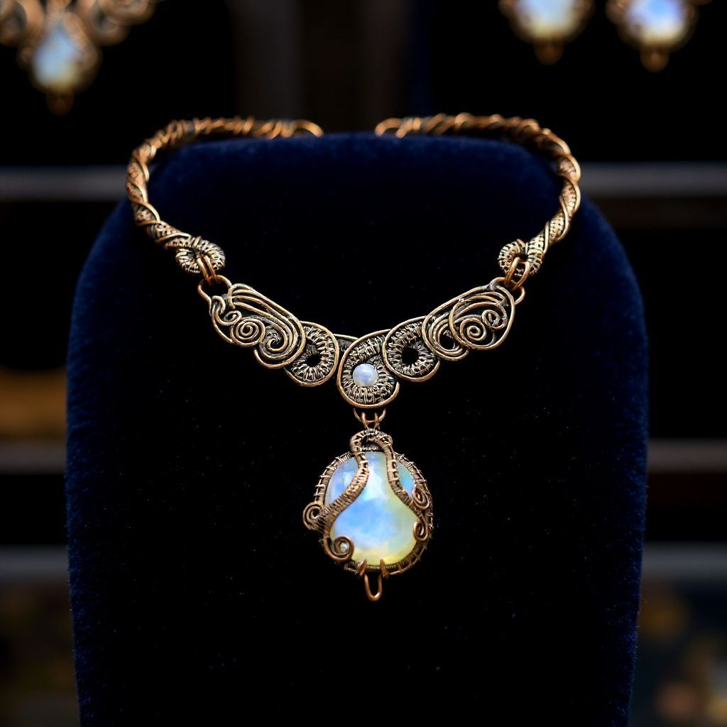 Rainbow Moonstone Copper Wire Wrapped Necklace