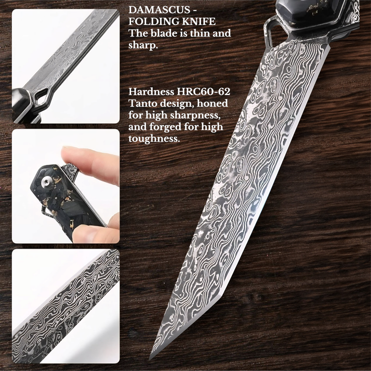 Gold Flake Engraved VG10 Damascus Pocket Knife