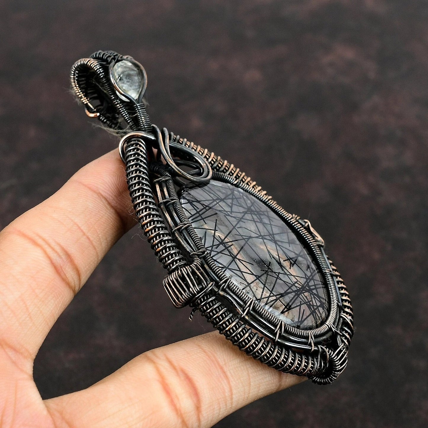 Wire Wrapped Necklace With Black Rutile Pendant