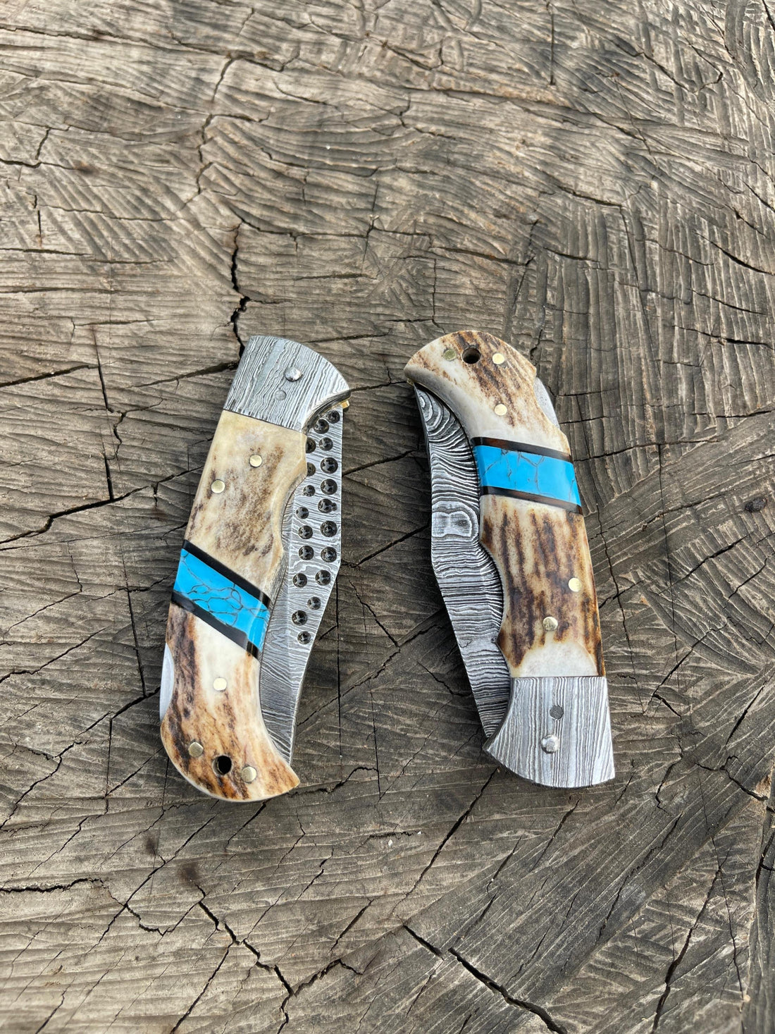 North Rustic Damascus pocket knife with antler handle and blue turquoise inlay retirement gift