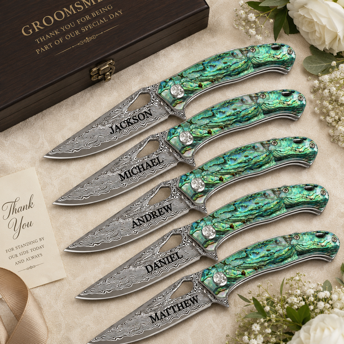 North Rustic custom Damascus engraved pocket knife wedding gift groomsmen set