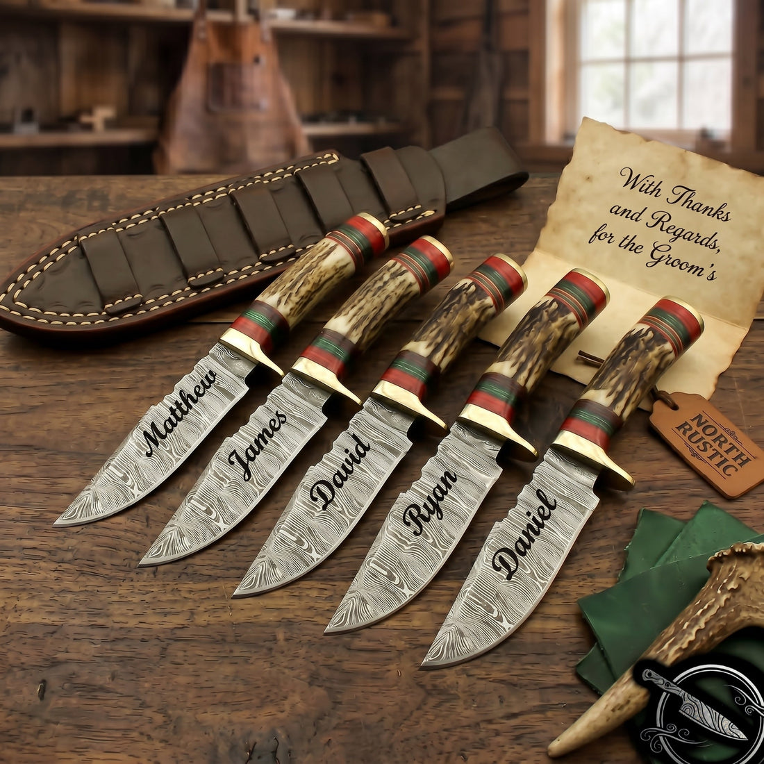 Custom engraved wedding party gift set for groomsmen and bridesmaids from North Rustic