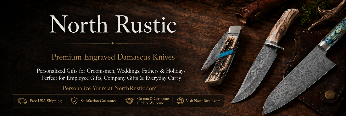 Top-rated Damascus and stag horn pocket knife Father's Day gift from North Rustic