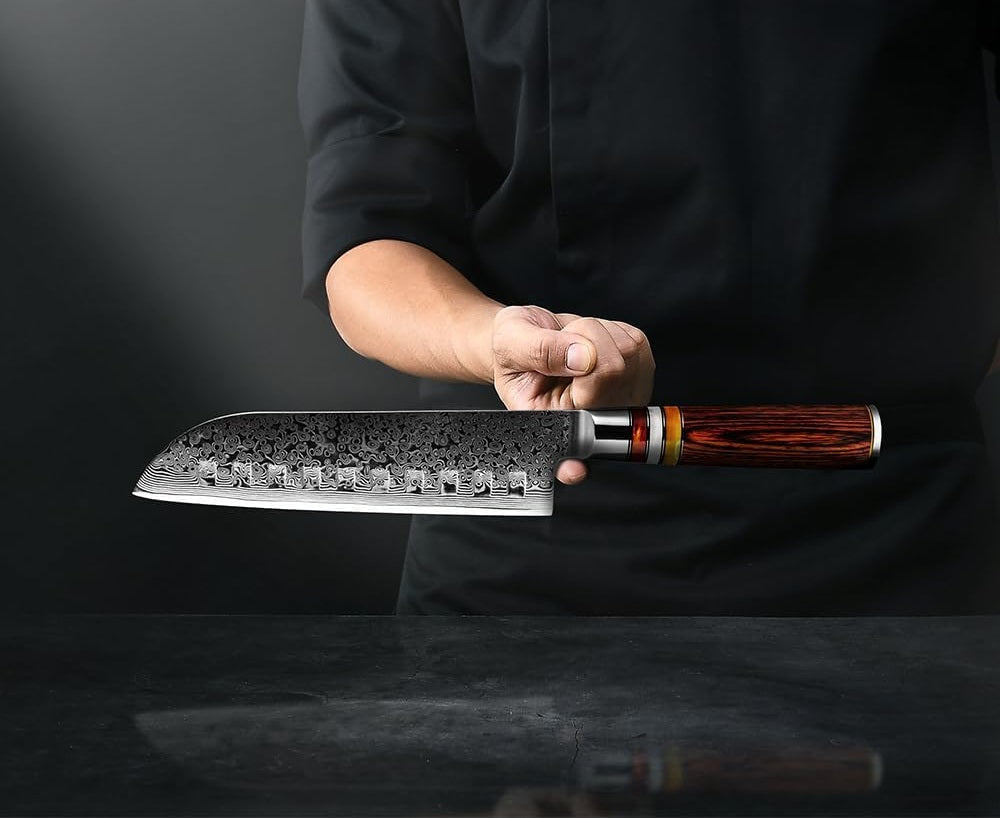 7" Santoku Kitchen Knife Engraved Damascus Pakka Wood Handle