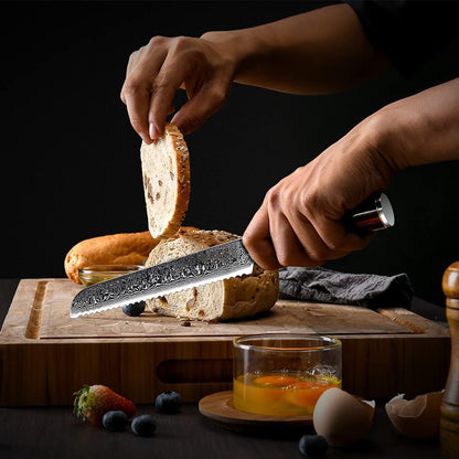 8" Serrated Bread Knife Engraved Damascus Pakka Wood Handle