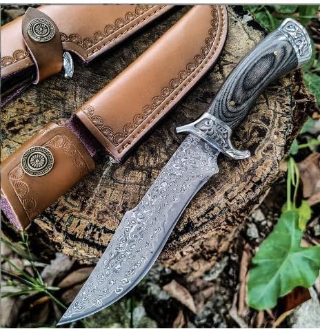 Damascus 10.75" Hunting Knife Dark Walnut Wood Handle