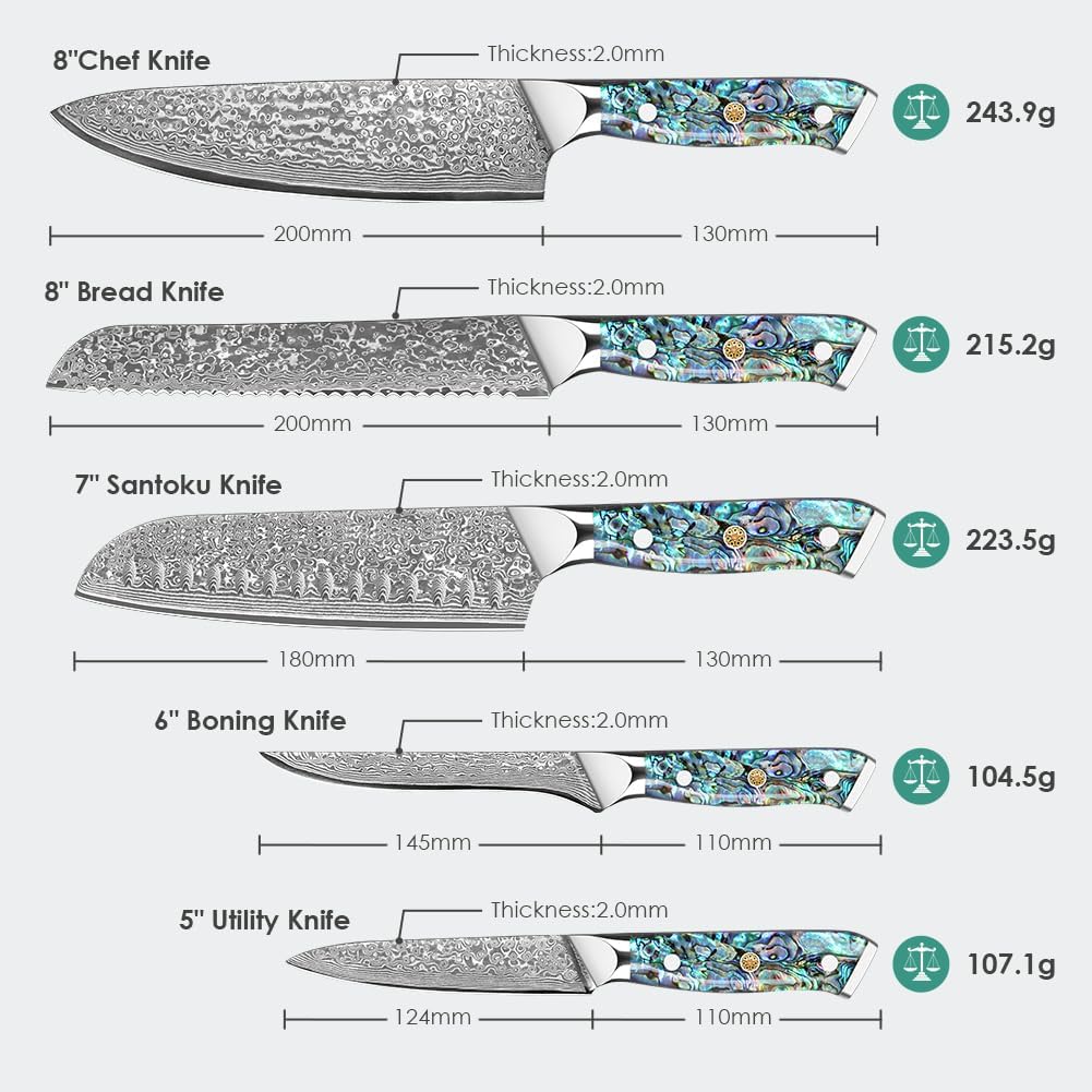 Engraved Damascus Knife Set Chef Kitchen Culinary Personalized Abalone Handle Knives