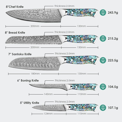 Engraved Damascus Knife Set Chef Kitchen Culinary Personalized Abalone Handle Knives
