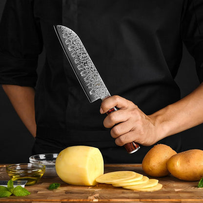 7" Santoku Kitchen Knife Engraved Damascus Pakka Wood Handle