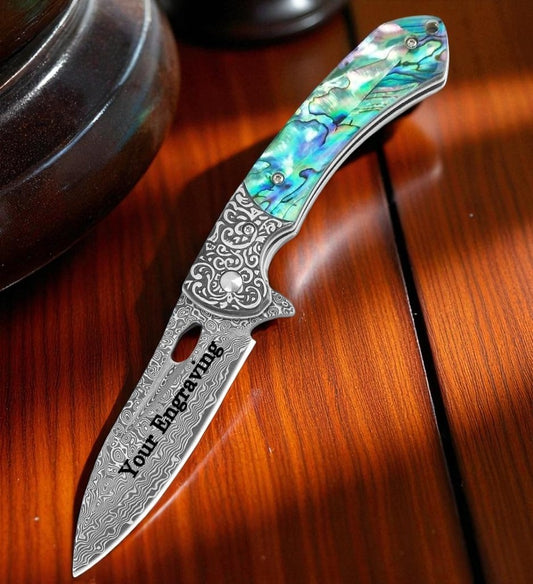 Abalone 3.54" Damascus Blade Folding Knife