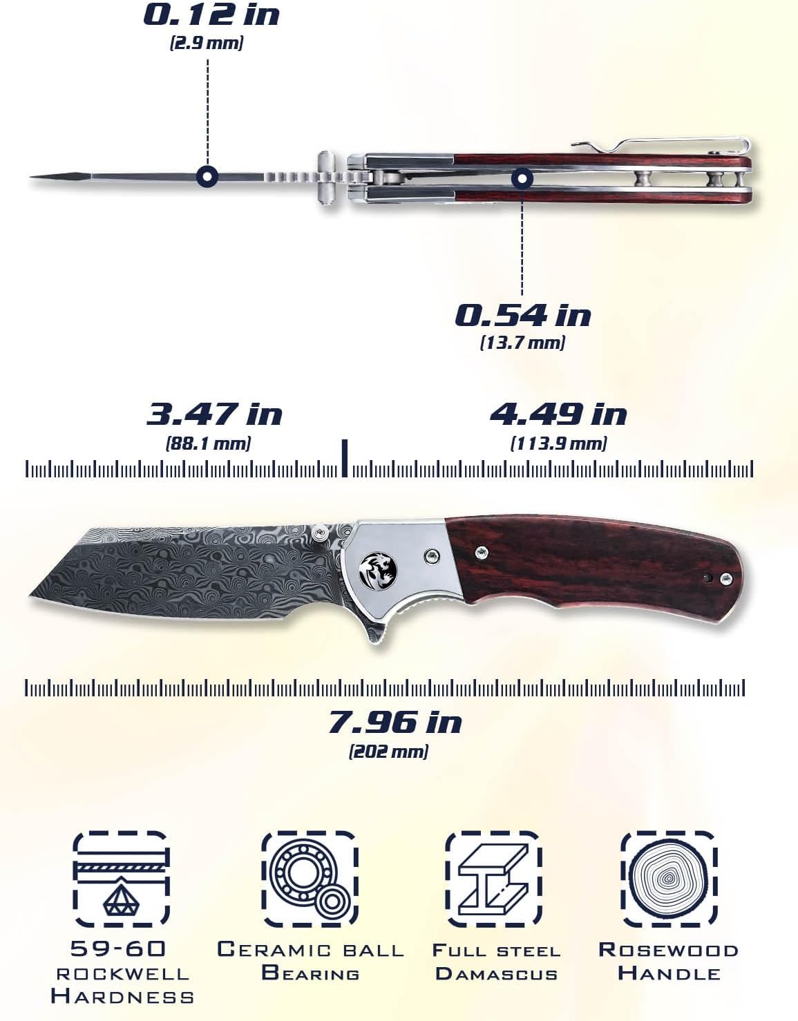 Rose Wood Damascus Tanto Pocket Knife