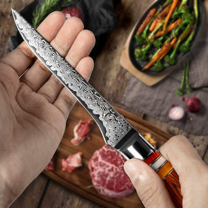 5.5" Boning Kitchen Knife Engraved Damascus Pakka Wood Handle