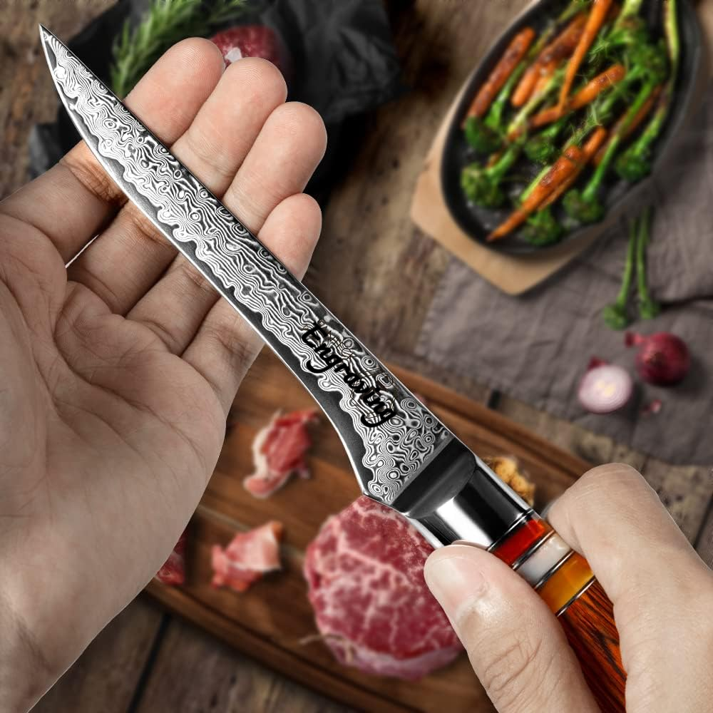 5.5" Boning Kitchen Knife Engraved Damascus Pakka Wood Handle