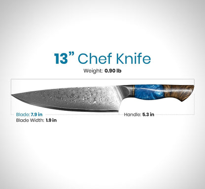 Damascus Chef Knife 8 Inch Blue Resin & Wood Handle