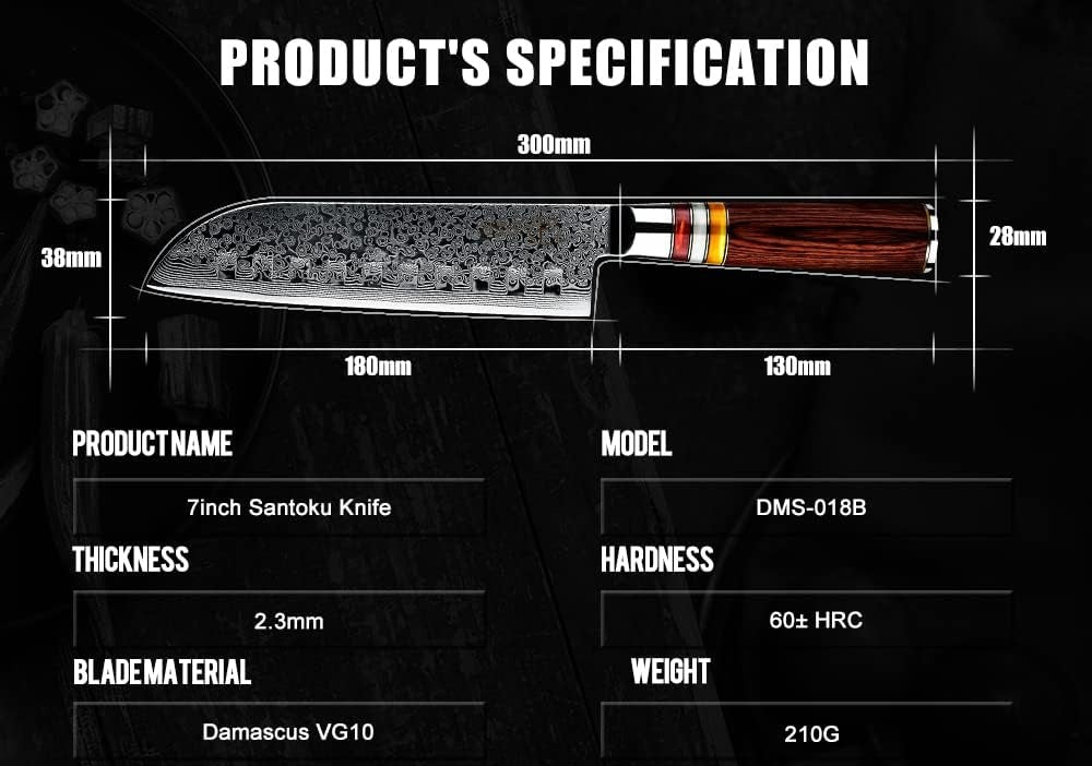 7" Santoku Kitchen Knife Engraved Damascus Pakka Wood Handle