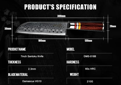 7" Santoku Kitchen Knife Engraved Damascus Pakka Wood Handle