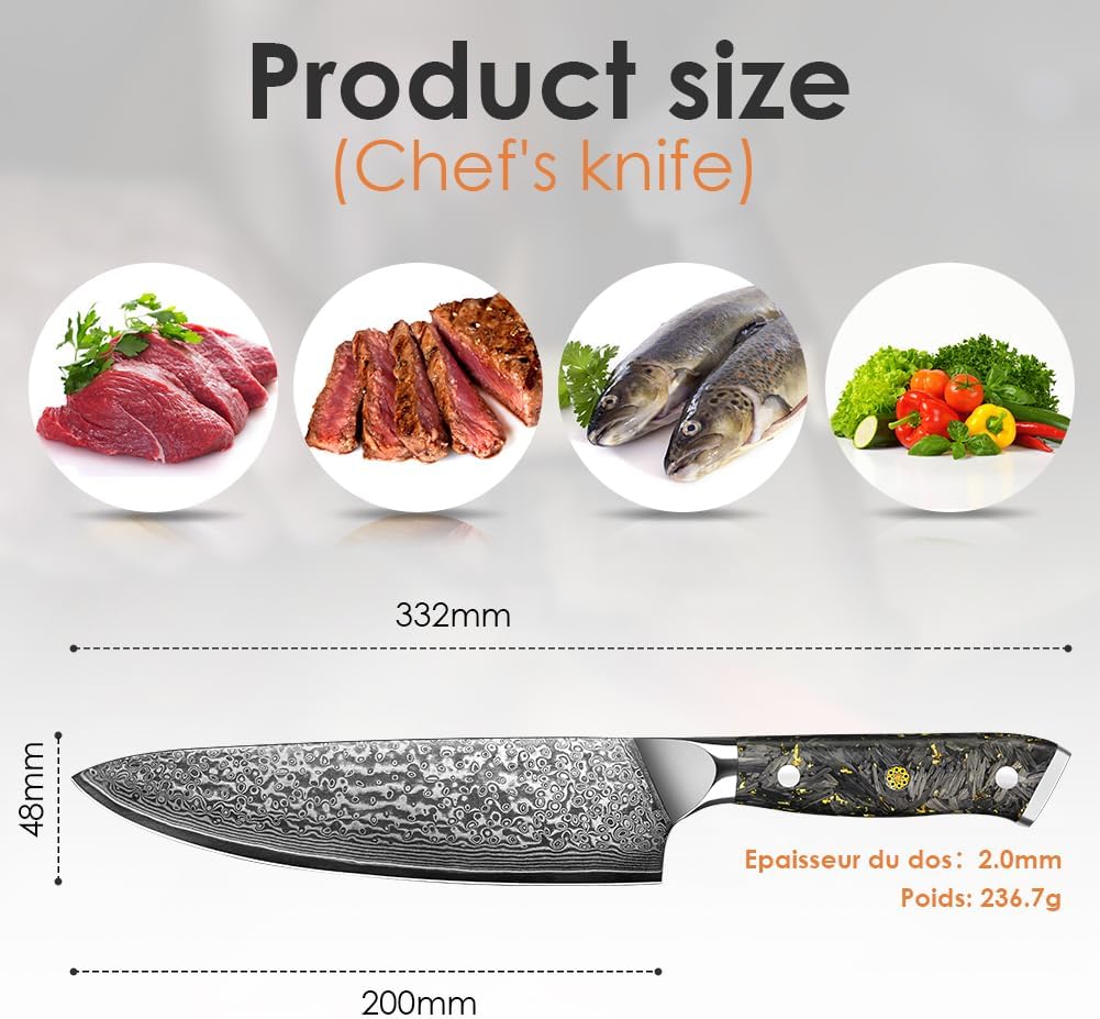 Engraved 8" Damascus Chef Knife Kitchen Gold Flake Resin Handle