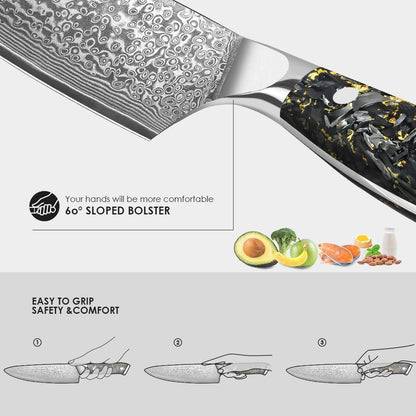 Engraved 8" Damascus Chef Knife Kitchen Gold Flake Resin Handle