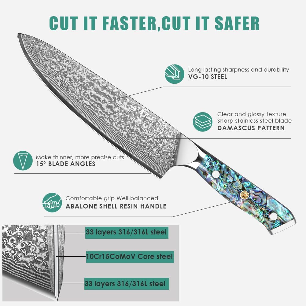 Engraved Damascus Knife Set Chef Kitchen Culinary Personalized Abalone Handle Knives
