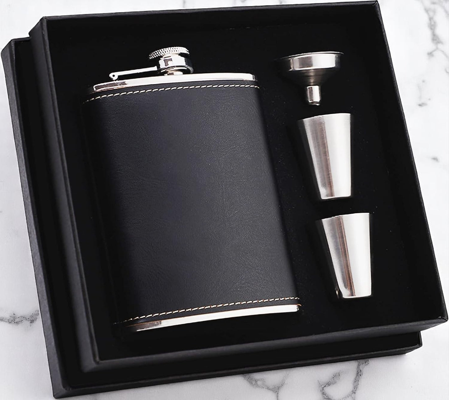 Black Leather 8oz Hip Flask With Funnel & 2 Cups