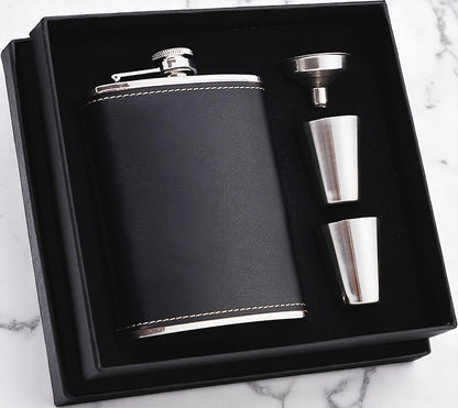 Black Leather 8oz Hip Flask With Funnel & 2 Cups