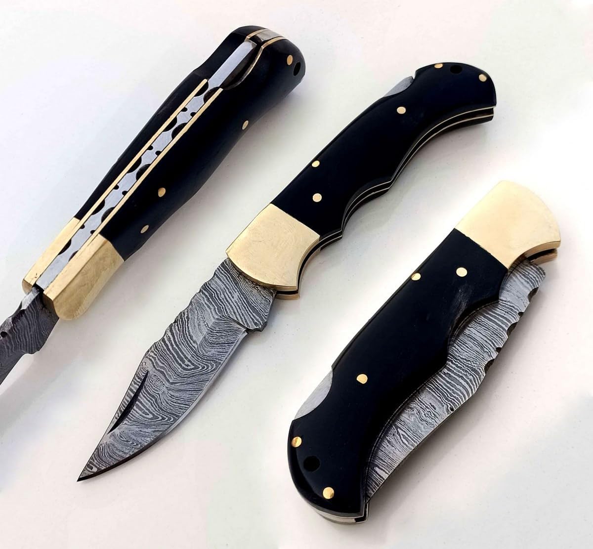 Bull Horn Handle 6.5" Damascus Pocket Knife