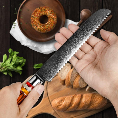 8" Serrated Bread Knife Engraved Damascus Pakka Wood Handle