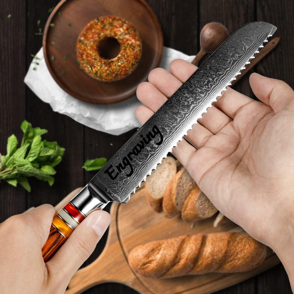 8" Serrated Bread Knife Engraved Damascus Pakka Wood Handle