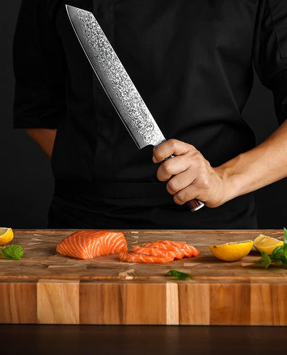 9.5" Engraved Kiritsuke Kitchen Knife Damascus Pakka Wood Handle