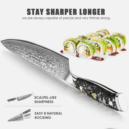 Engraved 8" Damascus Chef Knife Kitchen Gold Flake Resin Handle