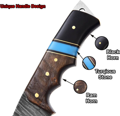 Ram Horn & Bull Horn Handle Damascus 9.5" Hunting Knife Blue Turquoise