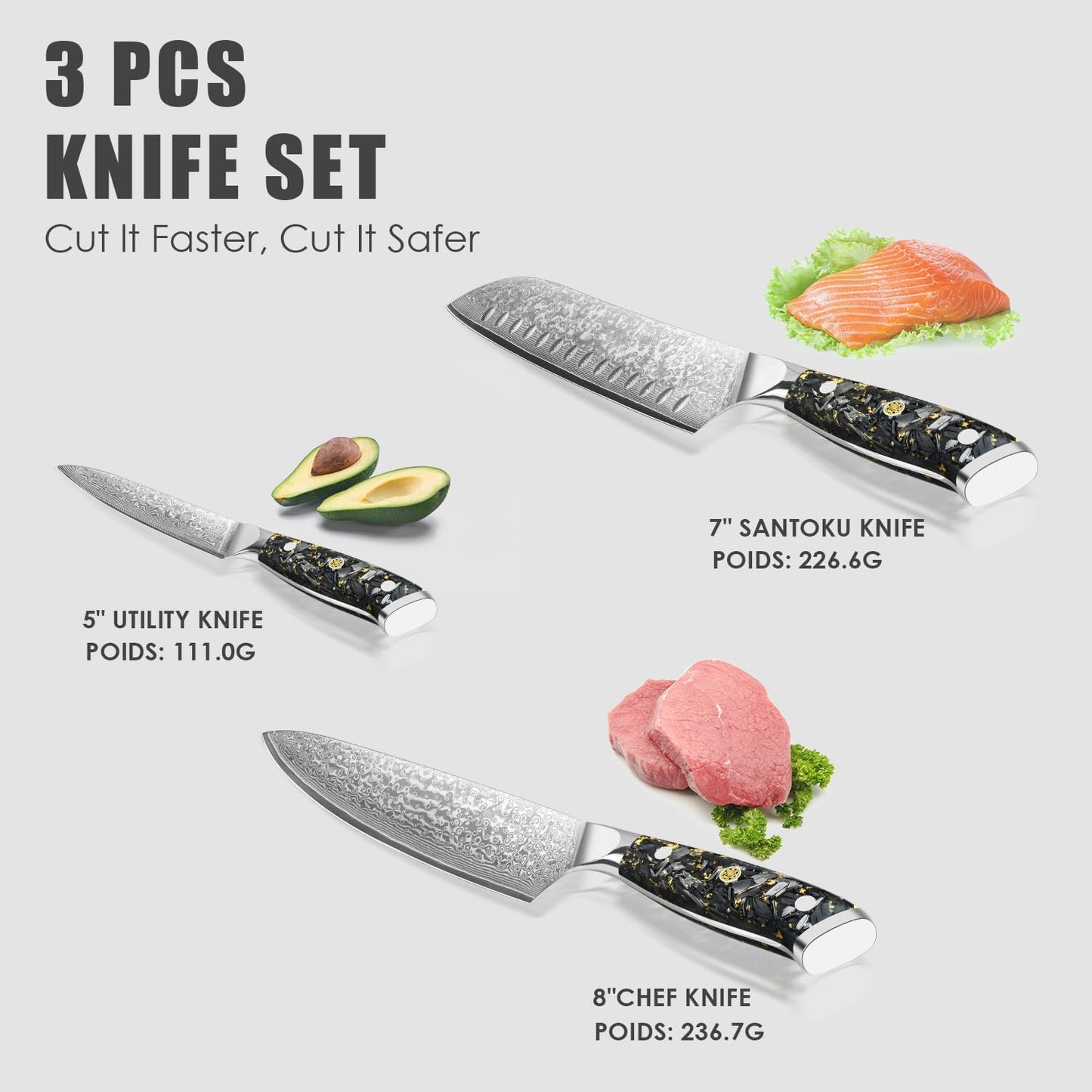 Set of 3 Chef Knives Engraved Damascus 8" Knife Gold Foil Handle