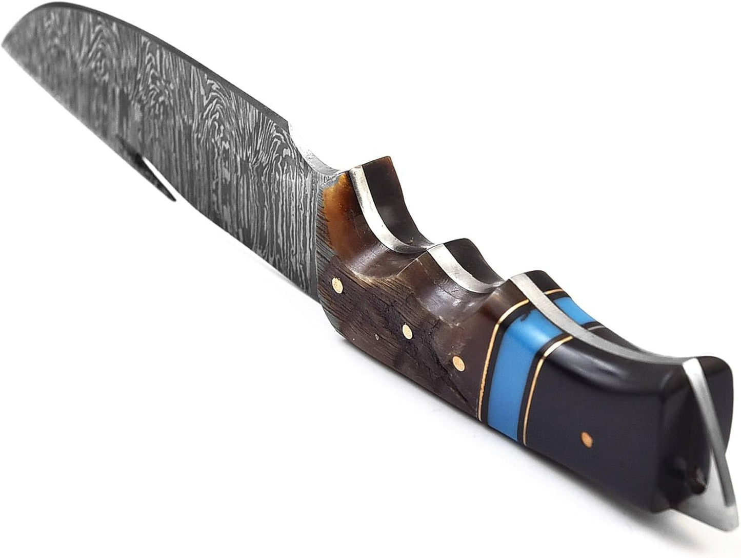Ram Horn & Bull Horn Handle Damascus 9.5" Hunting Knife Blue Turquoise