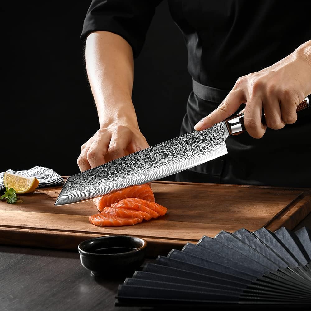 9.5" Engraved Kiritsuke Kitchen Knife Damascus Pakka Wood Handle