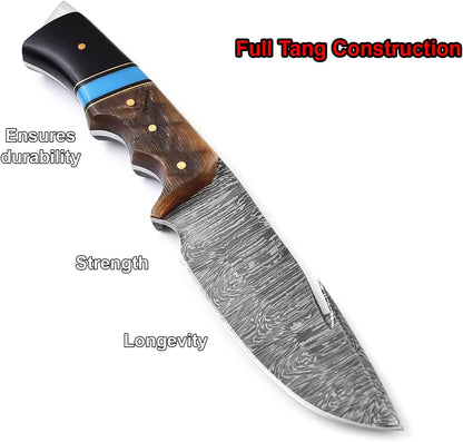 Ram Horn & Bull Horn Handle Damascus 9.5" Hunting Knife Blue Turquoise