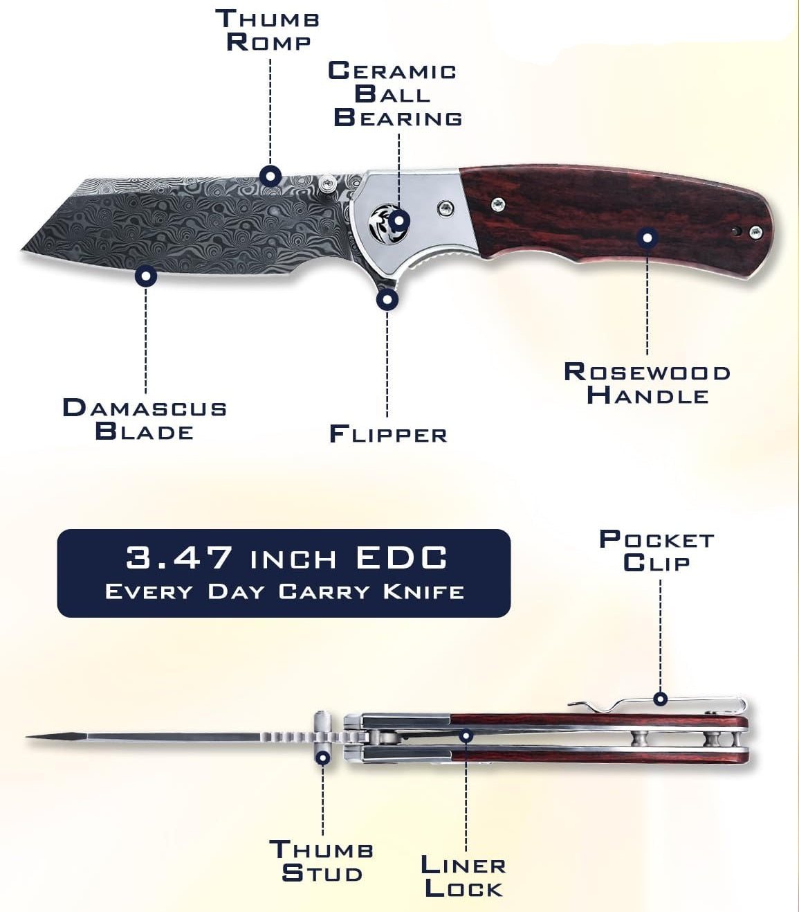 Rose Wood Damascus Tanto Pocket Knife