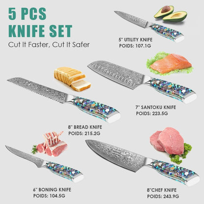 Engraved Damascus Knife Set Chef Kitchen Culinary Personalized Abalone Handle Knives