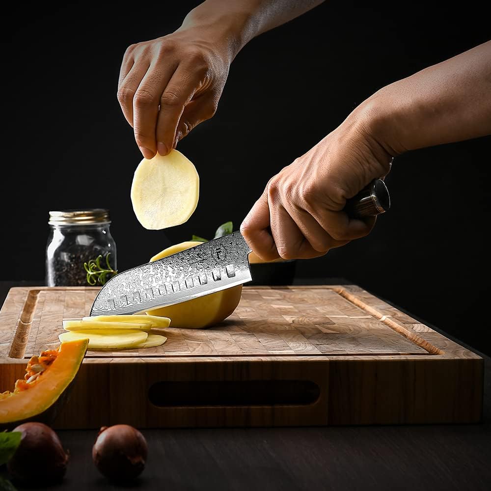 7" Santoku Kitchen Knife Engraved Damascus Pakka Wood Handle