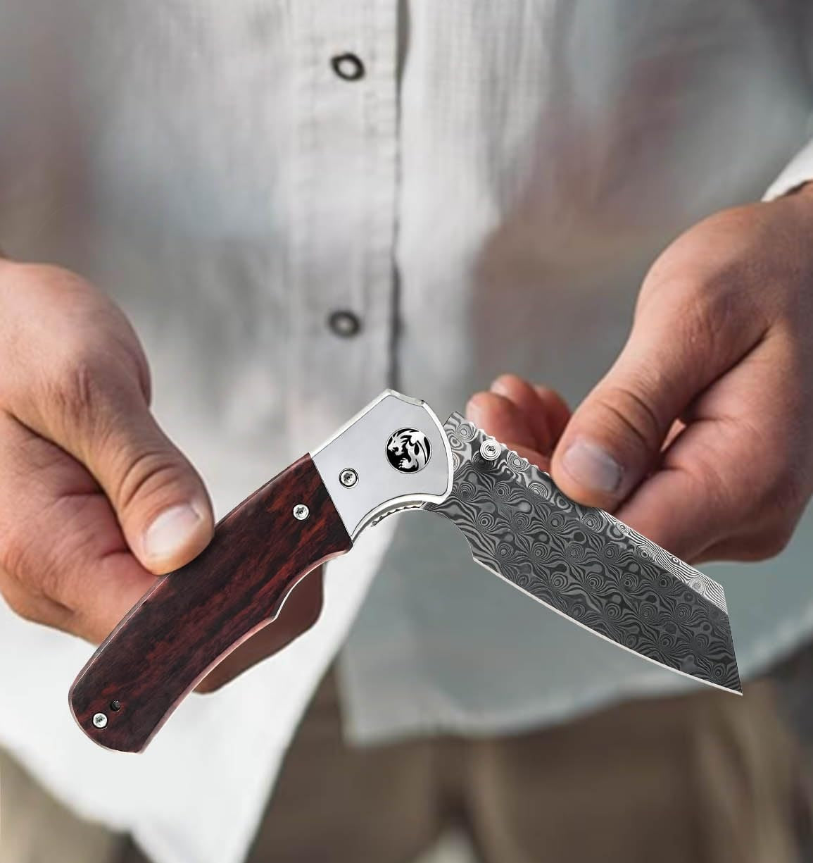 Rose Wood Damascus Tanto Pocket Knife