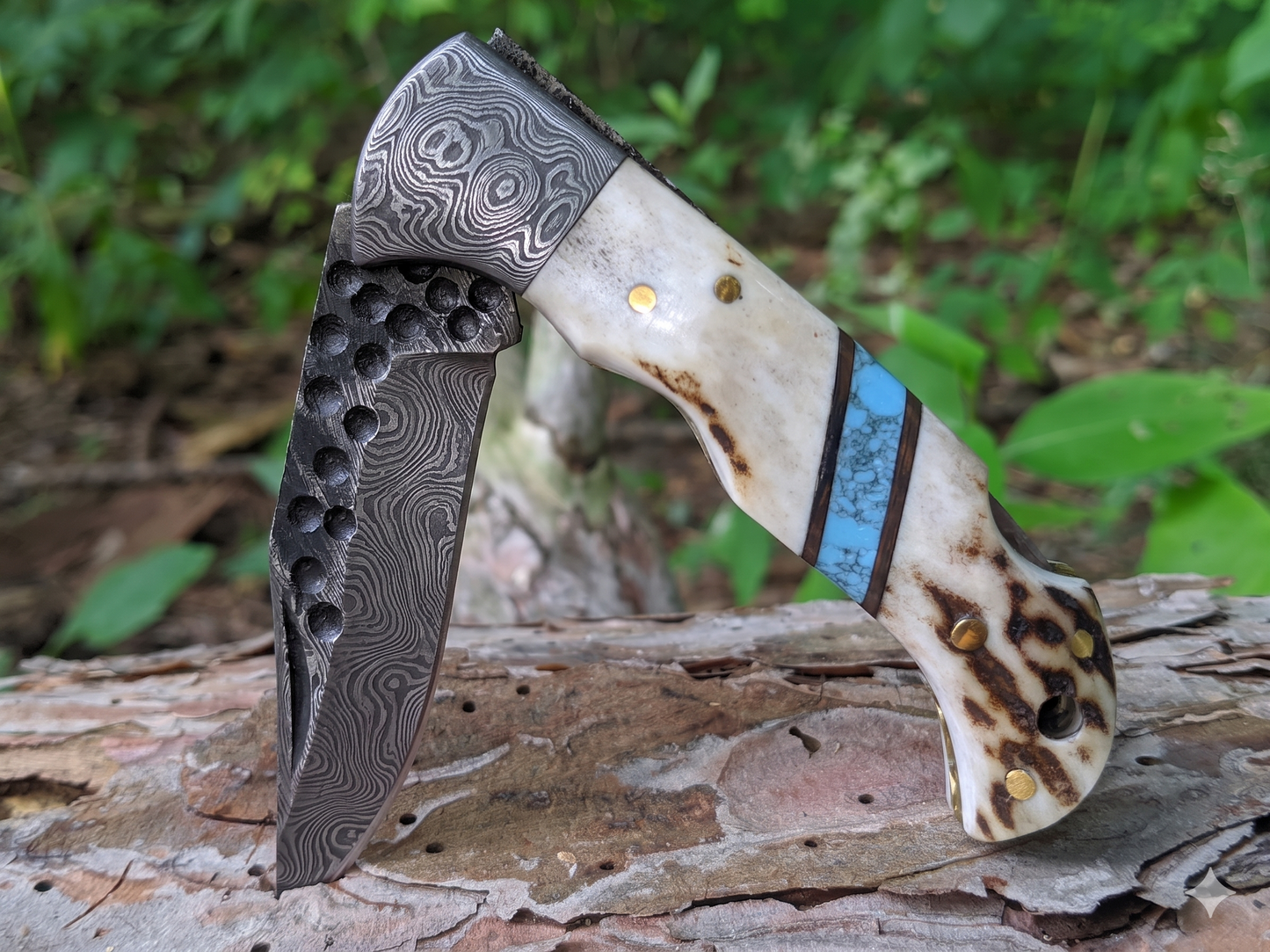 Engraved Damascus Folding Pocket Knife - Deer Antler Handle